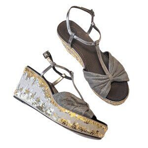 Tory Burch Declan 2 T Strap Sequin Wedges